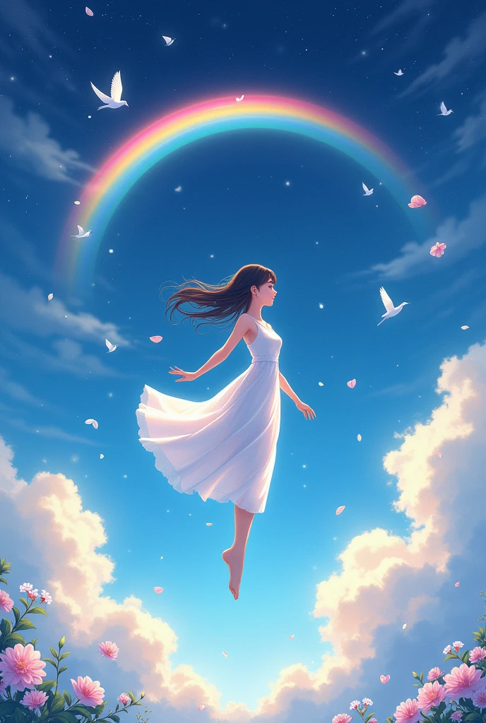 Starry Sky,petal,rainbow,cloud,In the sky,Birds,female,White dress,Floating,Colorful,Anime Style,Makoto Shinkai style