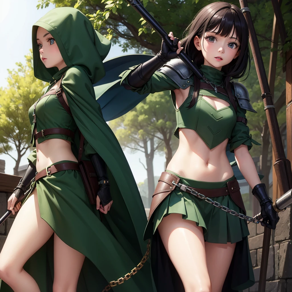 light skin girl, green eyes, short hair, Brown hair, curly hair, moles on the face, dressed provocatively, with a katana in hand.