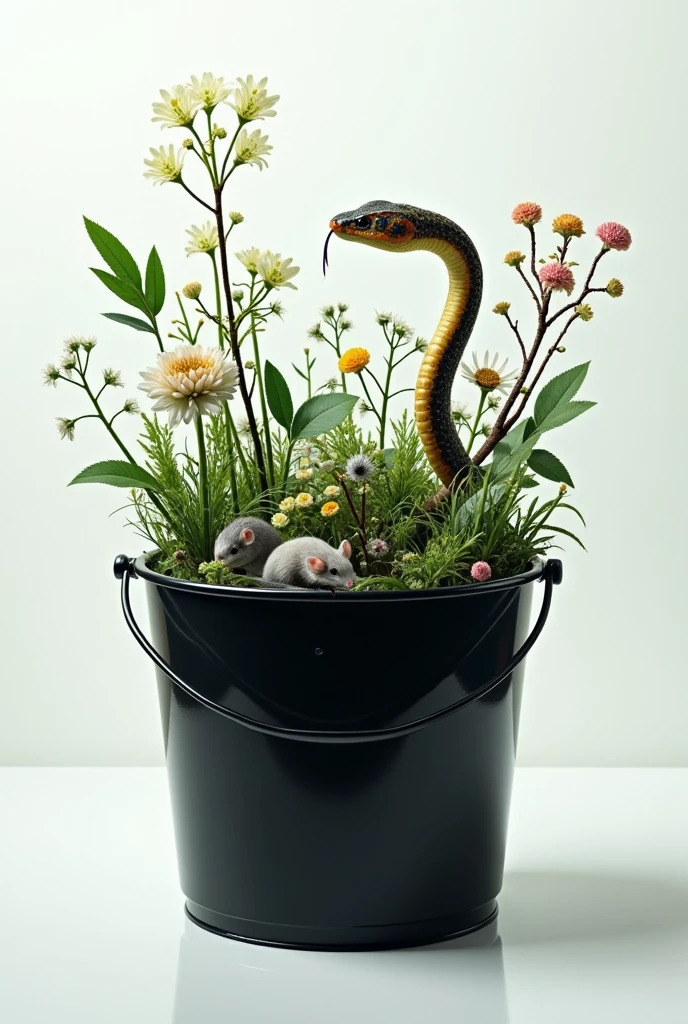 A white cubic room, with a black bucket and inside that bucket crystal clear water, inside this bucket covered by water some rooted branches, green mum and black mum, but in reality these branches turn into snakes, one of the branches is a black snake, and the other branch is a green snake that looks like a caterpillar, and the other is a rainbow snake of half-darkened tones, and from its leaves mice are born and jump out of the bucket, as if they were baby snakes, the bucket covers all the snakes and branches and there are no flowers and the water also covers everything I can see because I look inside