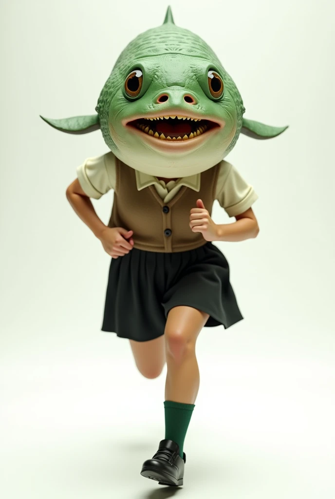 ((Highest quality)), ((photorealistic, hyperrealistic photo, portrait)), (front), (smile), (The upper half of the pufferfish is green.), (Short sleeves), (No hair), (The Kusafugu has 30% of the facial features of a human female.), A pufferfish with a very realistic head, A woman with a human body, オフホワイトで襟付きのShort sleevesシャツに薄茶色のベストを着てひざ丈の黒いスカートに濃い緑色の短い靴下と黒の靴を履いてる, Running at full speed, Background is white, Photorealistic images,
