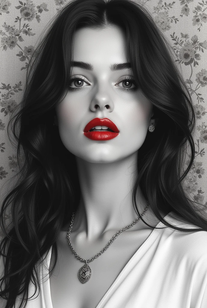 A hyper-realistic wet watercolor medium shot of a woman with delicate and tender features. The woman has long, dark hair and is wearing a white blouse and a silver necklace. The background is a vintage wallpaper . The overall image has a monochromatic black and white composition, with the exception of the vibrant red color of the woman's lips. The artist's skill is evident in the intricate details and textures of the ink.