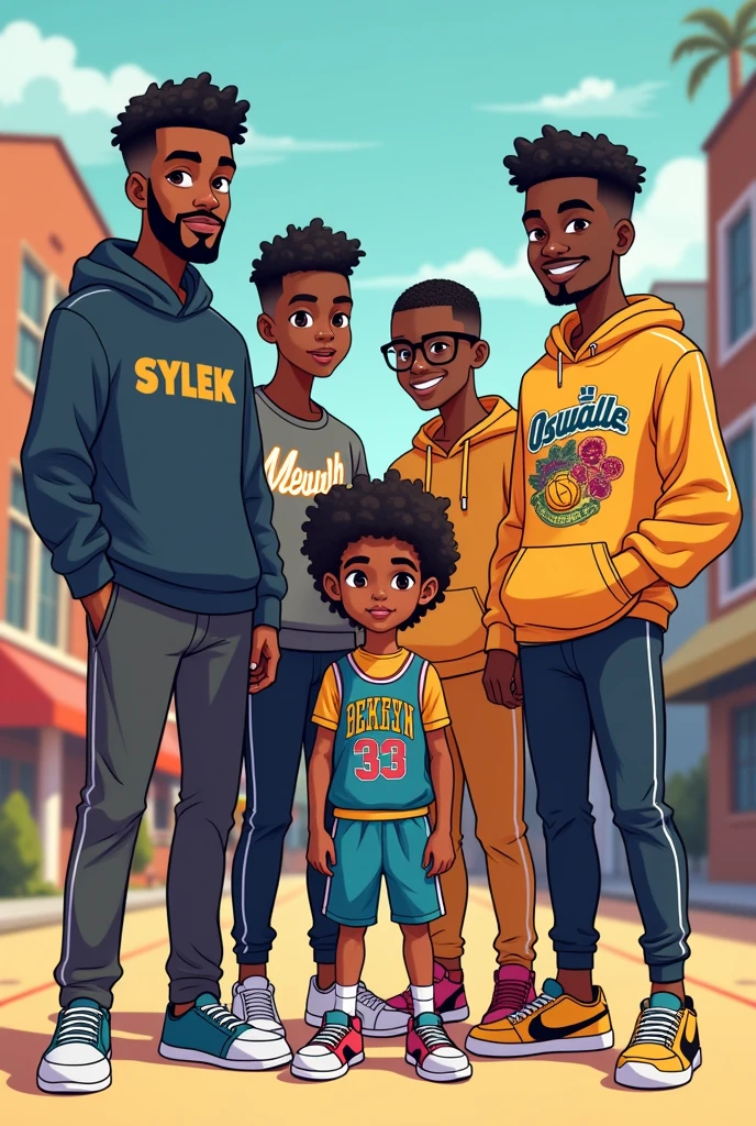 4 jeunes adultes blacks très beaux
Sans boucles d'oreilles
L'une s'appelle Sylla ( tu mets son prénom sur son pull over à lui de telle sorte que le nom soit visible.)
Il est le plus grand en taille, pas de barbe et il est mince
Un autre un peu plus court que lui, le teint plus foncé que les autres, musclé et beau et Barbu
Il s'appelle Mélek
Tu mets son prénom sur son pull over
Et le nom doit bien être visible
Le troisième plus court que les deux autres porte tjrs des lunettes
C'est un intello
Il s'appelle Oswald
Tu lui mets un pull over avec des trucs de mangas dessus
Et tu y ajoutes son nom là ( Oswald)
Le dernier plus court que les autres s'appelle Johannes
Tu lui mets une tenue de basketball et tu y ajoutes son nom là ( Johannes)
Tous avec de jolis pantalons en plus
Et des belles baskets
Et sous forme de dessin animé stp
Et mets les prénoms sur les habits
Et respectes les différents précisions