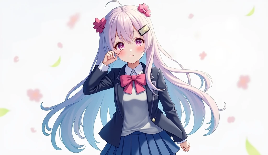 pink hair, be happy, smile, pink short hair, smooth and straight, pink eyes,Beth.,Spiritual World,((table top)),((best quality)), 1 girl comes in, jacket, (alone:1.6), hair accessories, pink eyes, bow, bow tie, pink bow tie, fashion suit jacket, Pink bow, look at viewer, Gray sweater, Blue school uniform, coat, Blue pleated mini skirt , (simple background:1.6),(realistic, realistic,:1.1) Dynamic angle, Random pose