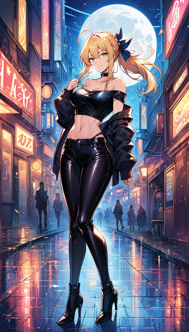 score_9, score_8_up, score_7_up, score_6_up, rating_safe, source_anime, BREAK beautiful Artoria Pendragon (blonde, braid, ribbon, hair ribbon:1.2), sexy smirk, BREAK tight pants, off the shoulder top, high heels, choker, BREAK walking in downtown Tokyo, neon lights, Extremely detailed Artgerm, Artgerm on ArtStation Pixiv, BREAK Epic light novel art cover, gorgeous female, trending on artstation pixiv, BREAK midnight, full moon, shallow depth of field, BREAK highly detailed, bokeh, moody, epic, gorgeous, grainy, BREAK (ultra-detailed), (best illustration), (best shadow), (absurdres), (detailed background), (very aesthetic), cowboy shot.