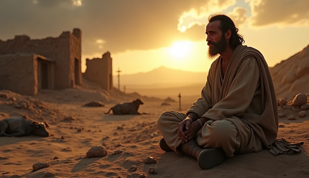 "Create a powerful and realistic scene that depicts the figure of Job sitting in the middle of a barren desert, surrounded by ruins of his former life, like ruined houses and scattered cattle. Your face should express a mixture of pain and serenity., with looks that reflect their unshakable faith. The light of the setting sun should illuminate the scene, creating long, dramatic shadows, symbolizing the struggle between darkness and hope. Include elements that represent your trials, such as visible wounds on his skin and torn clothes. The sky should be a mix of dark clouds and sunbeams, representing the struggle and the promise of redemption."