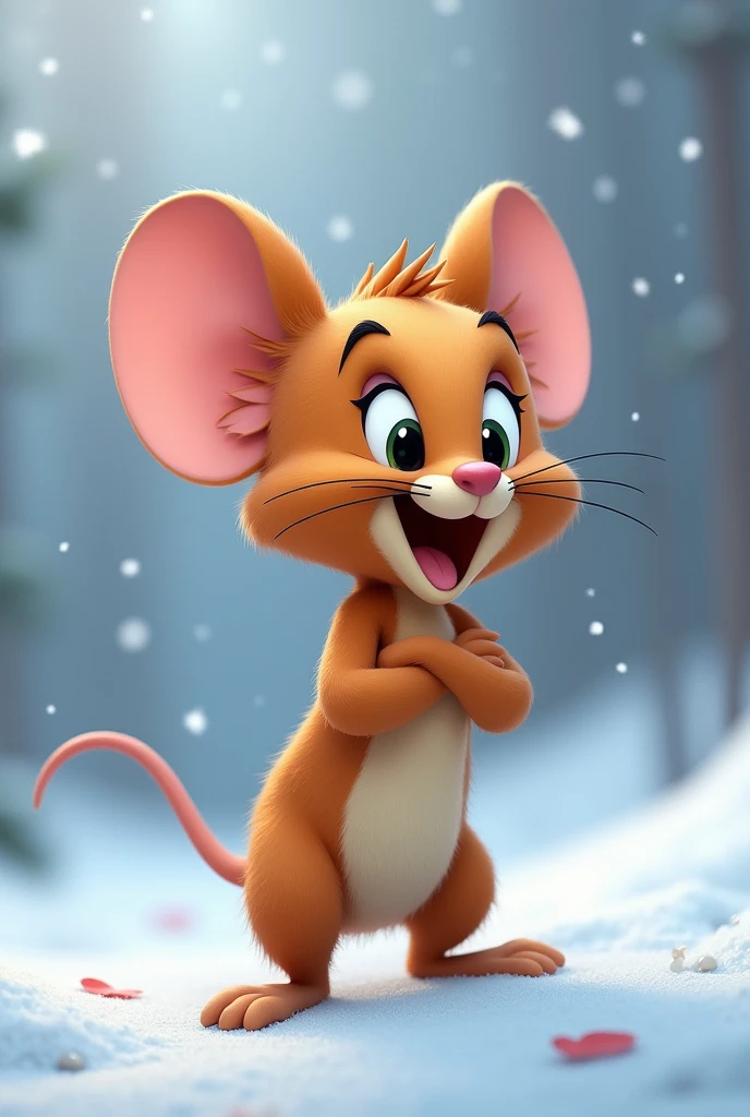 Caracter from tom and jerry , brown jerry looking like the cutest with snowy background giving a cute pose