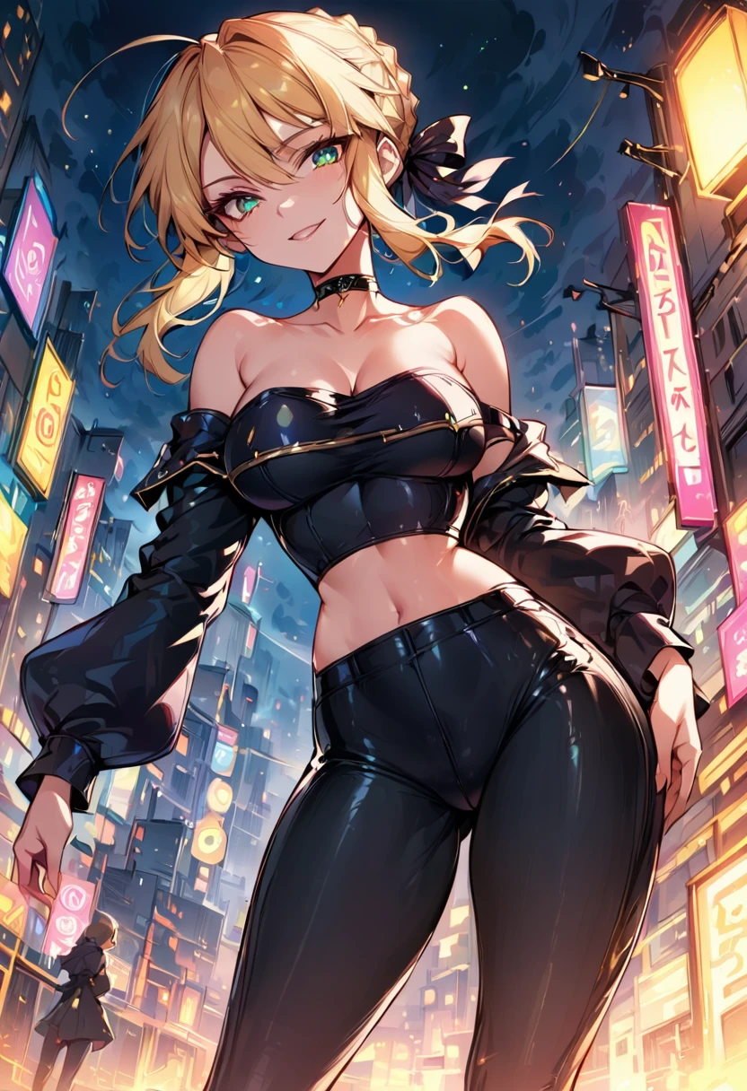 score_9, score_8_up, score_7_up, score_6_up, rating_safe, source_anime, BREAK beautiful Artoria Pendragon (blonde, braid, ribbon, hair ribbon:1.2), sexy smirk, BREAK tight pants, off the shoulder top, high heels, choker, BREAK walking in downtown Tokyo, neon lights, Extremely detailed Artgerm, Artgerm on ArtStation Pixiv, BREAK Epic light novel art cover, gorgeous female, trending on artstation pixiv, BREAK midnight, full moon, shallow depth of field, BREAK highly detailed, bokeh, moody, epic, gorgeous, grainy, BREAK (ultra-detailed), (best illustration), (best shadow), (absurdres), (detailed background), (very aesthetic), cowboy shot.