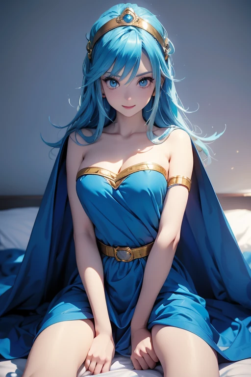 sage, dragon quest 3, １Only people, At the bed, Straddling a man's lower abdomen, Spread your legs, Blue Cape, White Dress, Blue Hair, A gold ring on the head with a jewel in the center, Open your mouth, smile, Looking at the viewer from the front