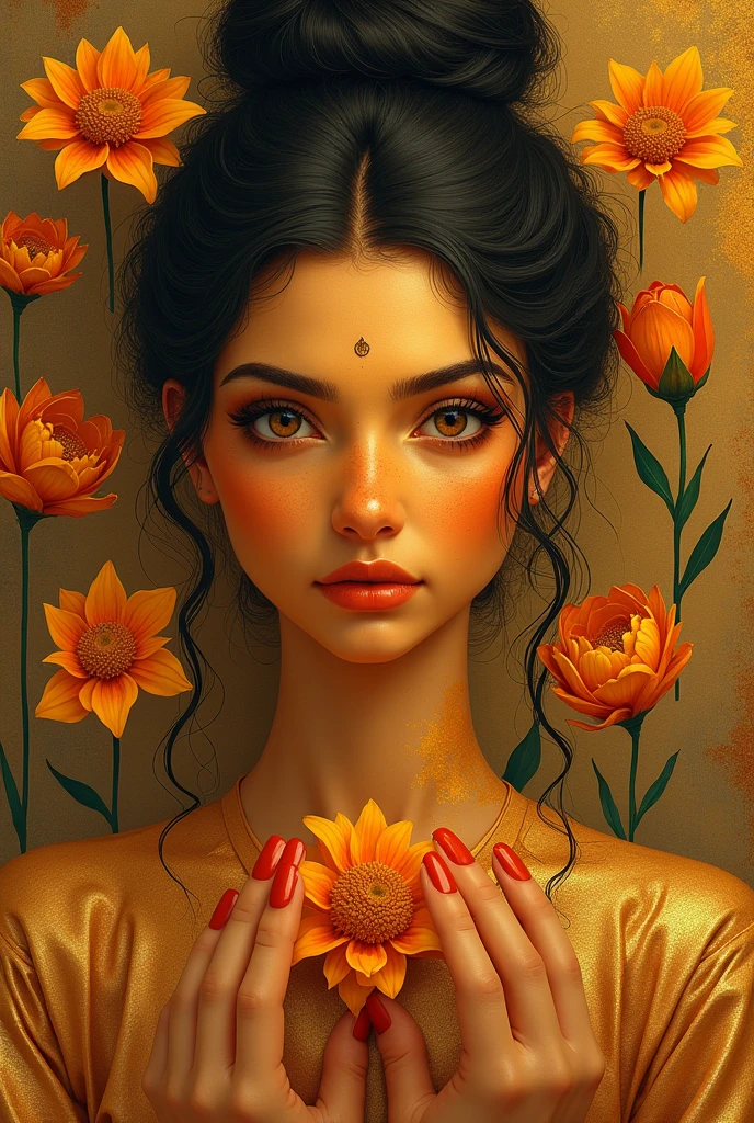 Genarate Sigirya beautiful womens art pictures in real more same angles as art in sigirya gold mixed yellow skin ,hands on flowers with long nose as art