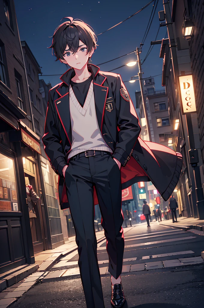 (((wallpaper 8k CG))), ((absurdres)), masterpiece, a male person standing on a city street, in the dark, wearing a jacket, 1boy, jacket, male focus, outdoors, solo, hand in pocket, looking at viewer, pants, black pants, street,