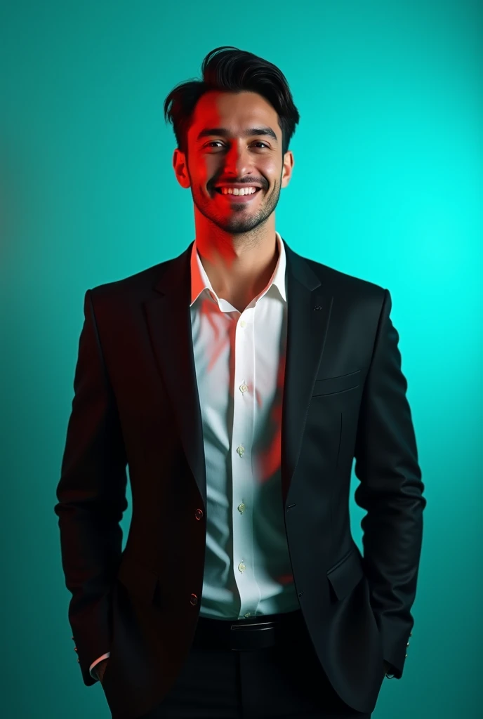 A young Man With Dark hair and a confident smile He is Dressed in a black blazer over a white shirt The man is positioned against aqua colour backdrop with a subtle red lighting on t