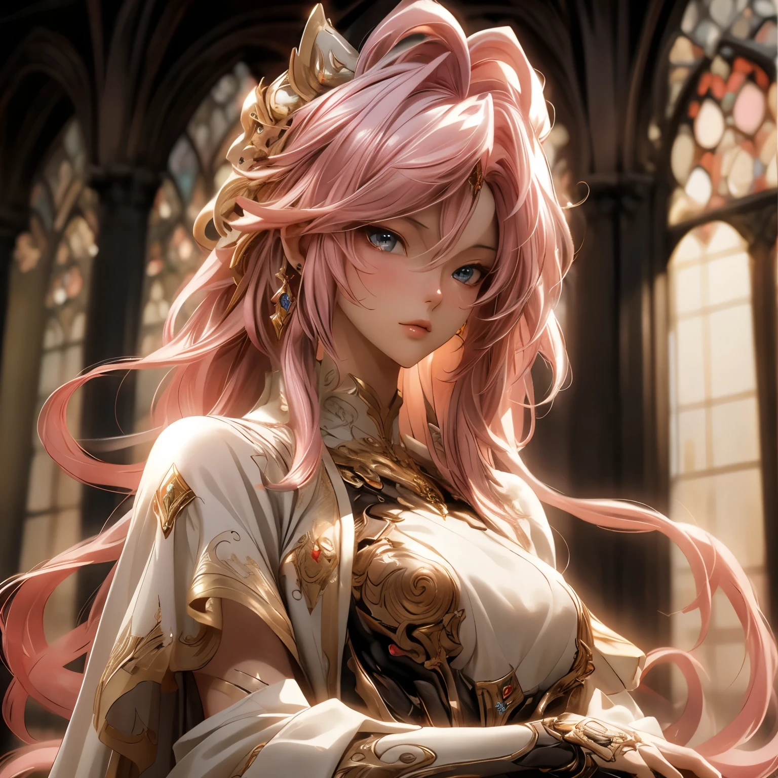 (best quality)), ((Masterpiece)), (details:1.4), 3d, HDR (high dynamic range), an image of a beautiful cyberpunk female, fantasy, Pink hair, long hair, Golden eyes, จมูกโด่ง, ปากแดง, หน้าอกใหญ่, nvidia RTX, PBR surface, After processing, Anisotropic filtration,depth of field, Maximum clarity and clarity, multi-layered surface, Subsurface scattering, perfect proportions, 8K raw files, ultra detailed, Perfect proportions, volumetric lighting, soft lighting, Holy Paladin, Heavy Black Armor, glossy skin, intricate silver embroidery, gorgeous, chapel background, jewely, ต่างหู, นิ้วมือสมบูรณ์,