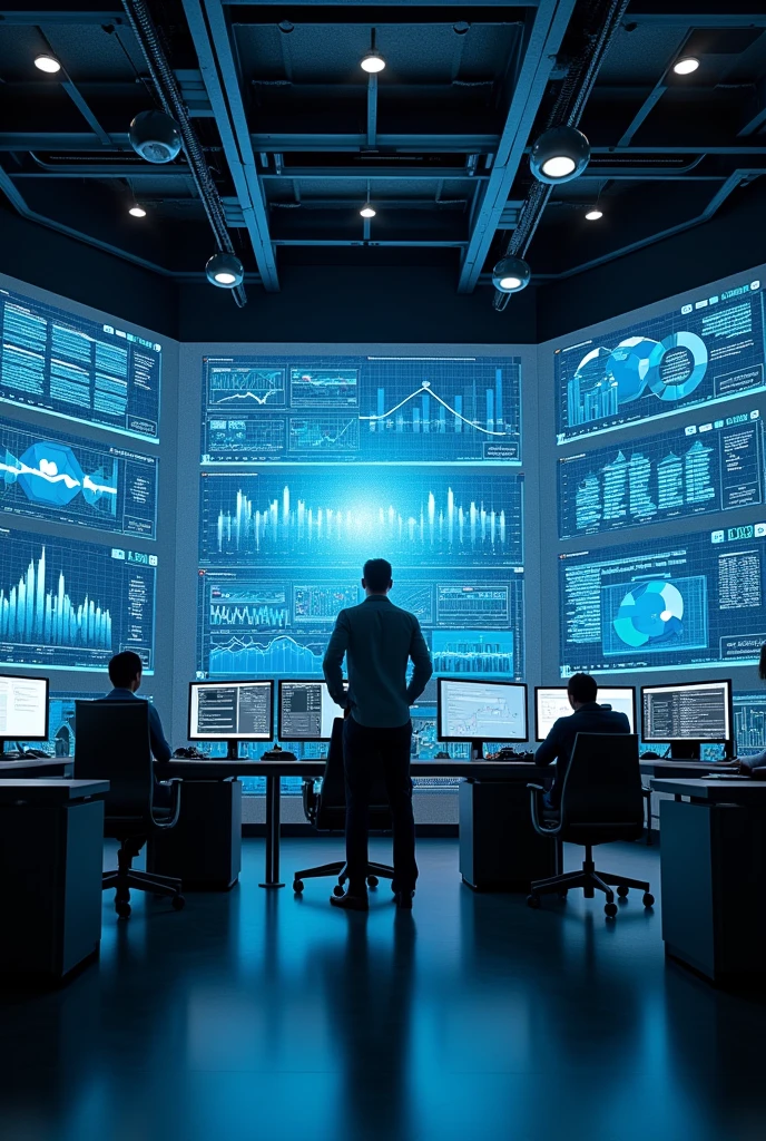 Banking solutions, charts, big screen, control room,