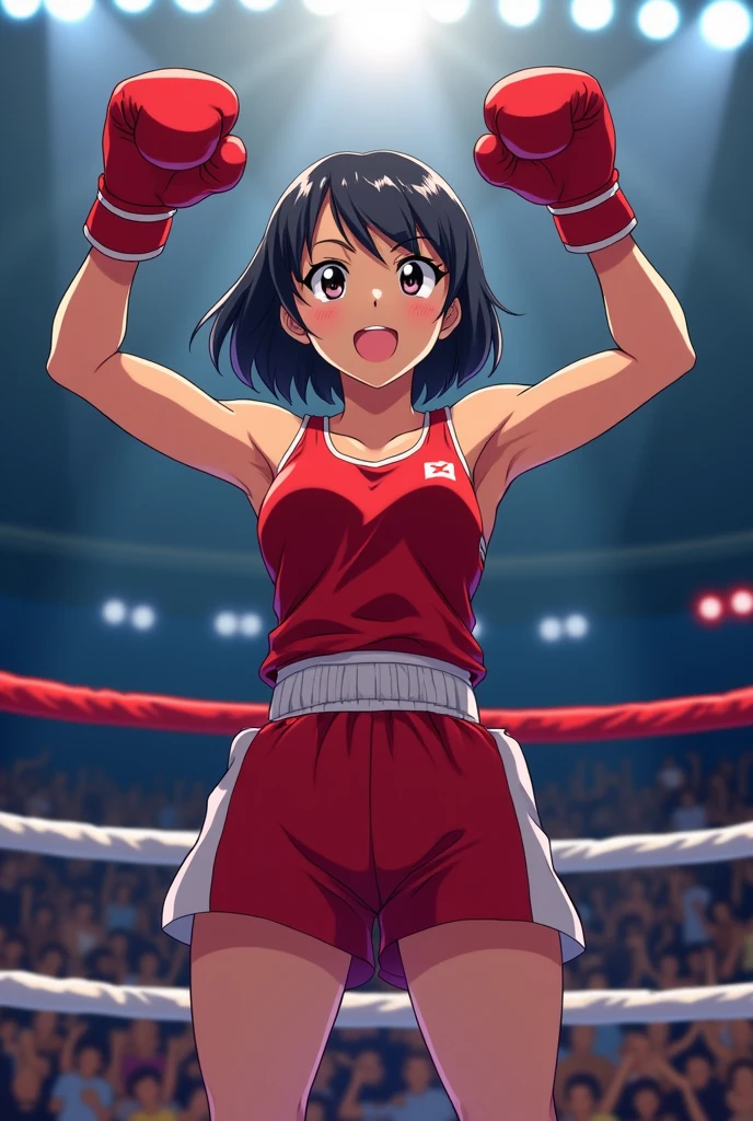 Poster avec une titre La championne  d’Une boxeuse brune aux cheveux noirs courts et à  une tenue  rouge debout sur le ring est heureuse d'avoir remporté la médaille d'or avec style anime
