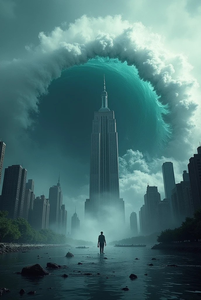 A movie poster, with a city underwater, and in the center of the poster, A giant wave hitting a building 