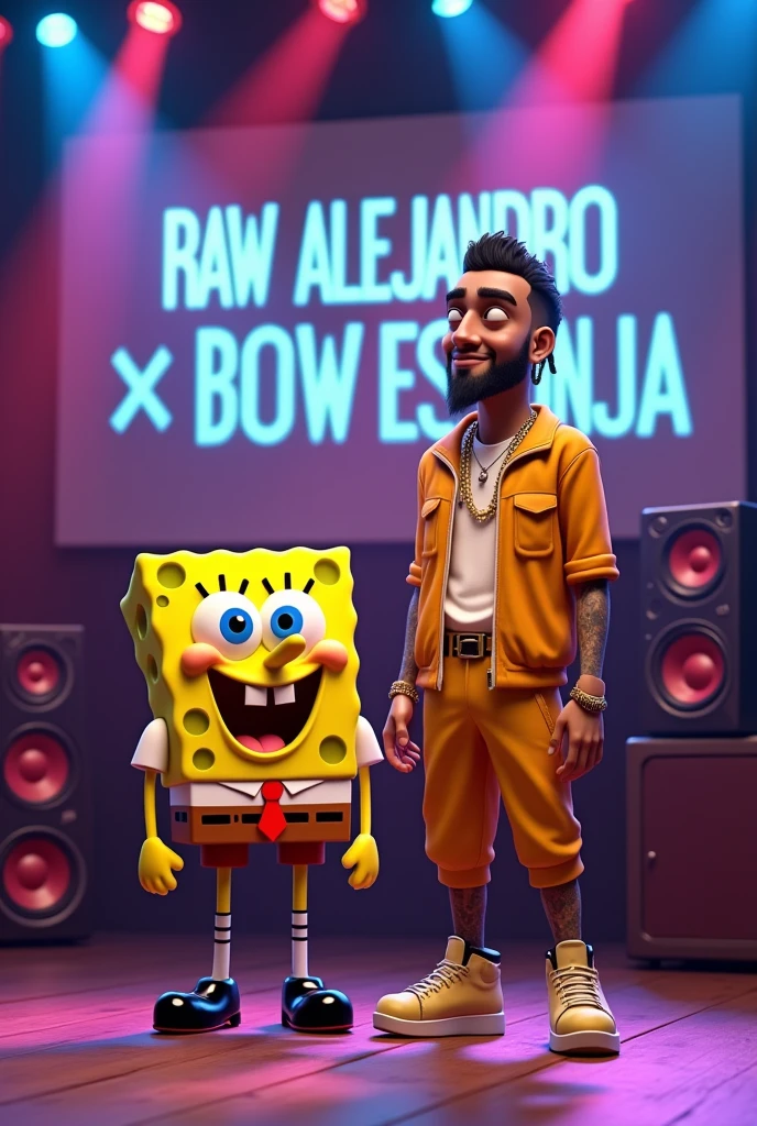 Create SpongeBob in an animated way on a stage with reggaeton singer Rauw Alejandro in a realistic way, with a sign that says "RAW ALEJANDRO X BOB ESPONJA"