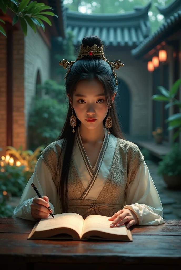 a photo：Shot with Canon EOS camera，A beautiful girl in traditional Chinese clothing in a quiet night，In a garden surrounded by ancient walls，Reading ancient Chinese books under the lamp on the low table。,((She holds a pen in her right hand，Left hand on the table)),((masterpiece)),Practical,4K,Extremely detailed,((Beautiful big eyes))