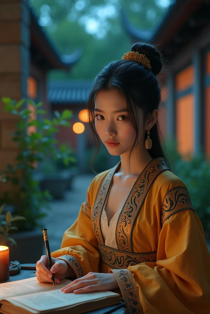 a photo:Shot with Canon EOS camera,A beautiful girl in traditional Chinese clothing in a quiet night,In a garden surrounded by ancient walls,Reading ancient Chinese books under the lamp on the low table。,((She holds a pen in her right hand,Left hand on the table)),((masterpiece)),Practical,4K,Extremely detailed,((Beautiful big eyes))