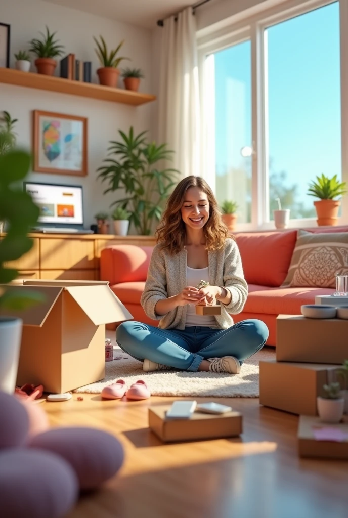 An image of a modern, bright room with a person excitedly unboxing multiple packages of varying sizes. Surrounding them are various products like gadgets, clothing, and home decor, all suggesting great finds from online shopping. The person is looking at a laptop screen displaying a shopping website with a search bar that reads 'online finds'. The scene should convey excitement and the diversity of products available online, with the digital shopping experience in focus."