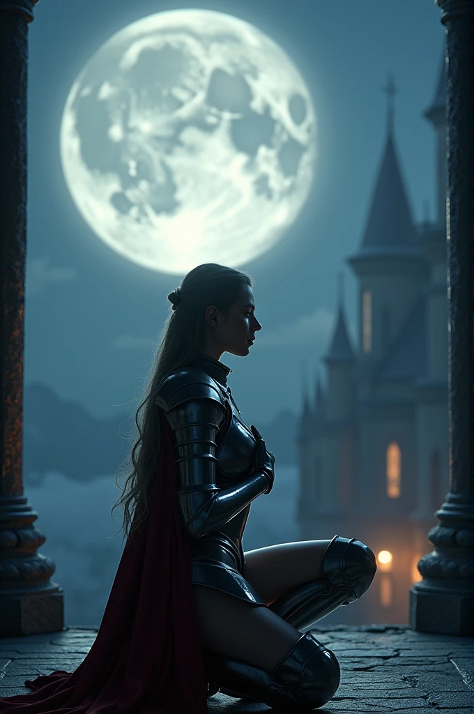 ((masterpiece, top quality, high resolution, highly detailed CG unified 8K wallpaper)), (huge stunning goddess shot, very hot and sexy, jaw dropping beauty, perfect proportions, beautiful body, slim body beauty:1.3),  Moonlit Confession, On the balcony of an old castle at night, a female knight crouches on one knee and gazes at you, A female knight in medieval armor, crouching on one knee, administers the knightly oath to you, a huge full moon in the background, lighting from behind, hands on her chest as she offers you the knight's oath, silver armor shining in the moonlight,