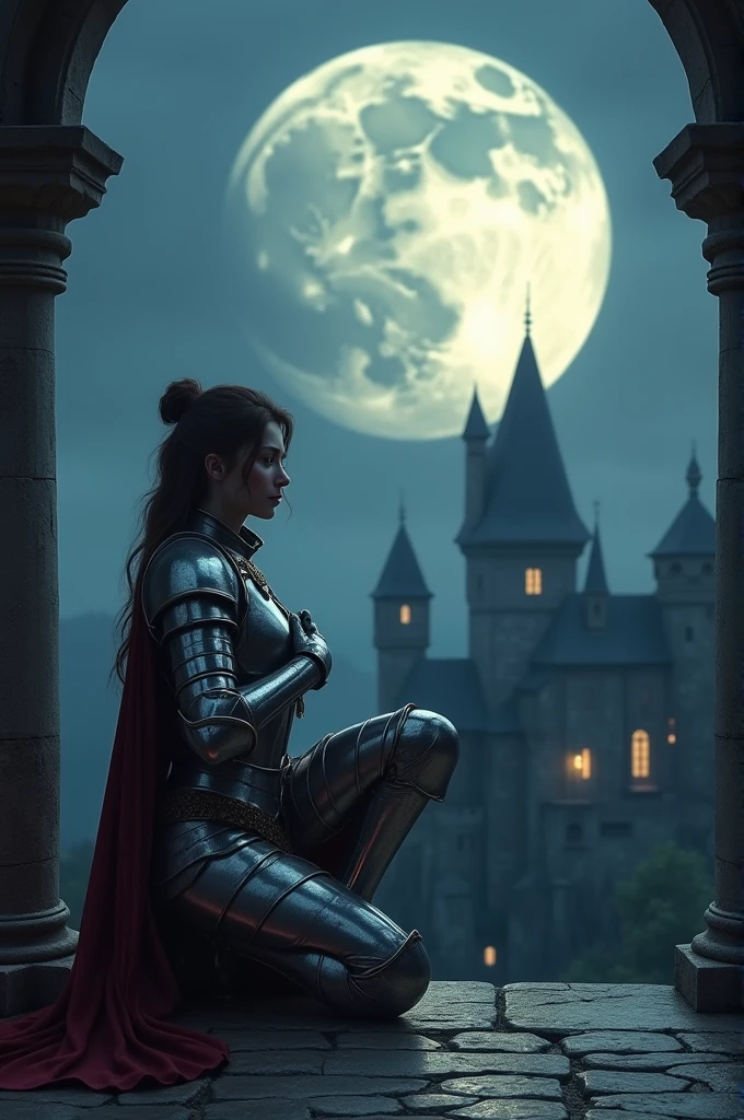 ((masterpiece, top quality, high resolution, highly detailed CG unified 8K wallpaper)), (huge stunning goddess shot, very hot and sexy, jaw dropping beauty, perfect proportions, beautiful body, slim body beauty:1.3), Moonlit Confession, On the balcony of an old castle at night, a female knight crouches on one knee and gazes at you, A female knight in medieval armor, crouching on one knee, administers the knightly oath to you, a huge full moon in the background, lighting from behind, hands on her chest as she offers you the knight's oath, silver armor shining in the moonlight,