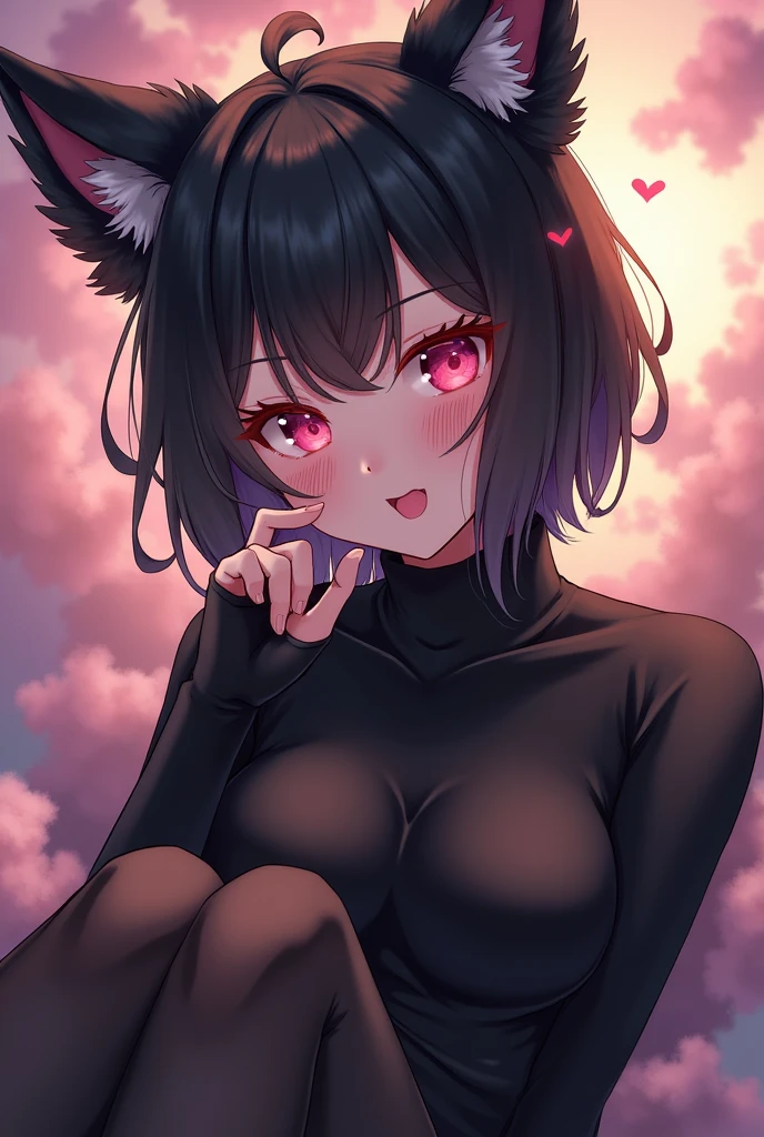 Beatiful woman waer black bodysuit turtleneck amd black fluffy pointy ears Flustered Heart Eyes Face and short wolf cut(black) let be her like amime waer black longsock let her be like anime The eyes are heart shaped Raise two fingers and White skin and sleep amd hug me