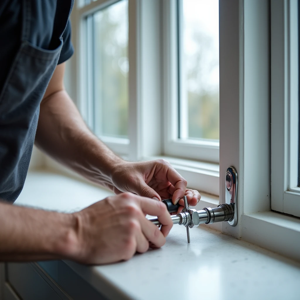 A detailed close-up of a professional installer embedding a sanitary latch or lock into a modern window frame. The image should focus on the precision of the installation, with the craftsman using specialized tools to ensure a perfect fit. The background should suggest a clean, well-lit interior space, emphasizing the quality and attention to detail in the service. The window should be shown as part of a high-end bathroom or kitchen setting, highlighting the functionality and aesthetics of the installed latch or lock.