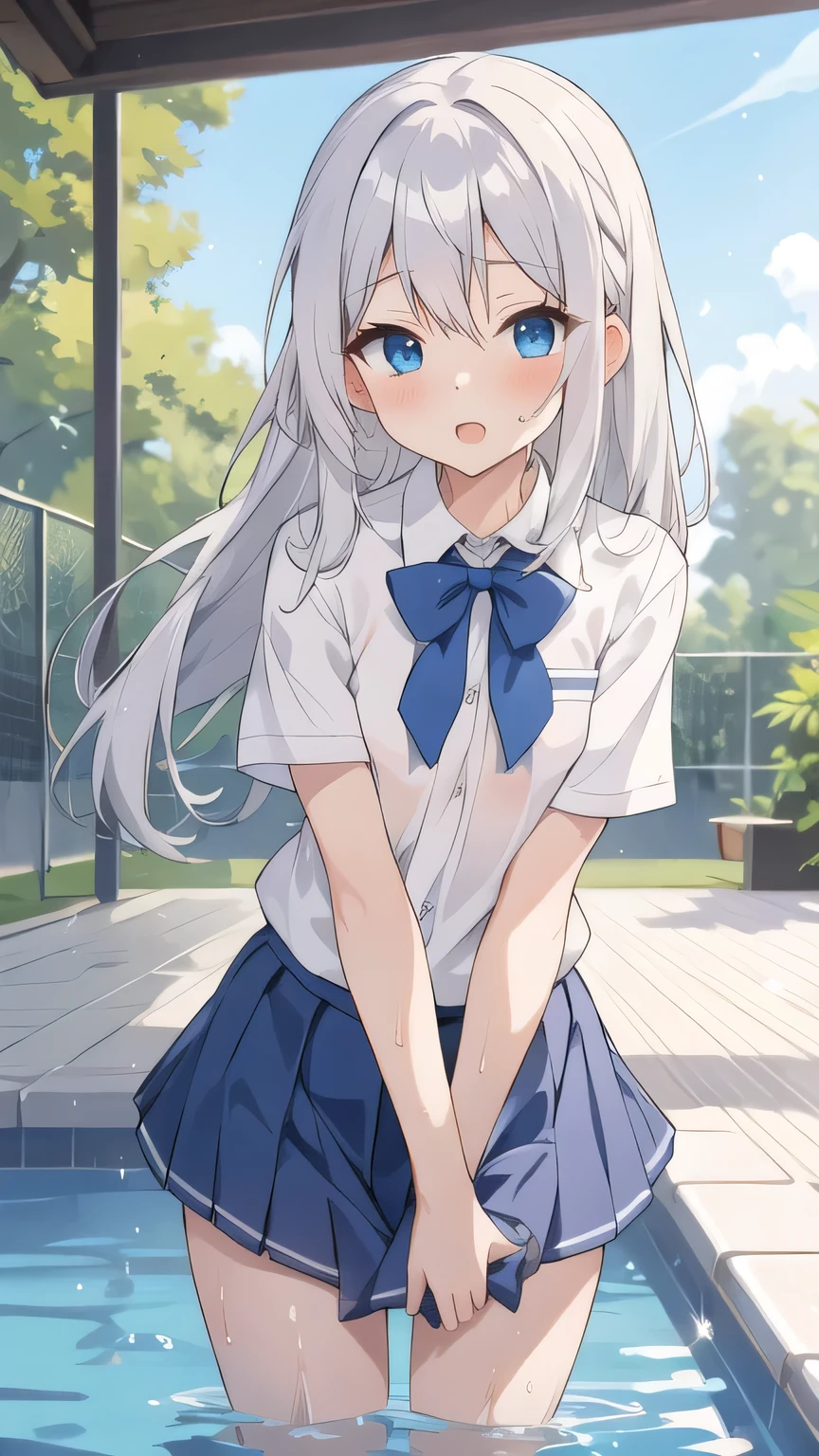cute girl, アニメ, silver hair, straight hair, Blue eyes, outdoor, cowboy shot, pool, shine, Wet, sex, sex, sex, small bust, white school uniform, short sleeve