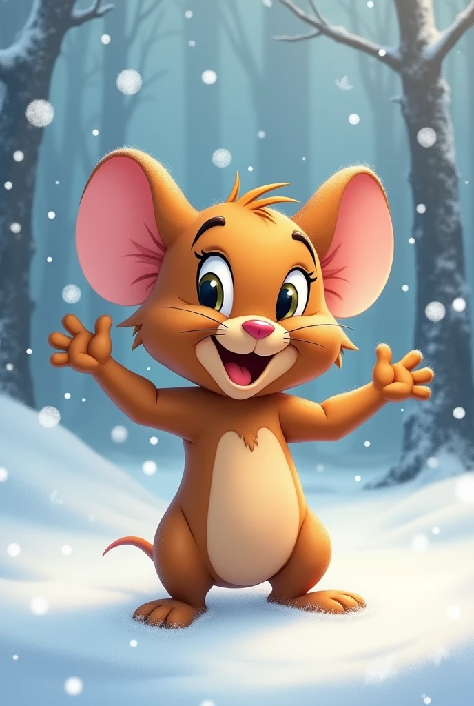 Caracter from tom and jerry ,  brown jerry looking like the cutest with snowy background  giving a cute pose with open hands
