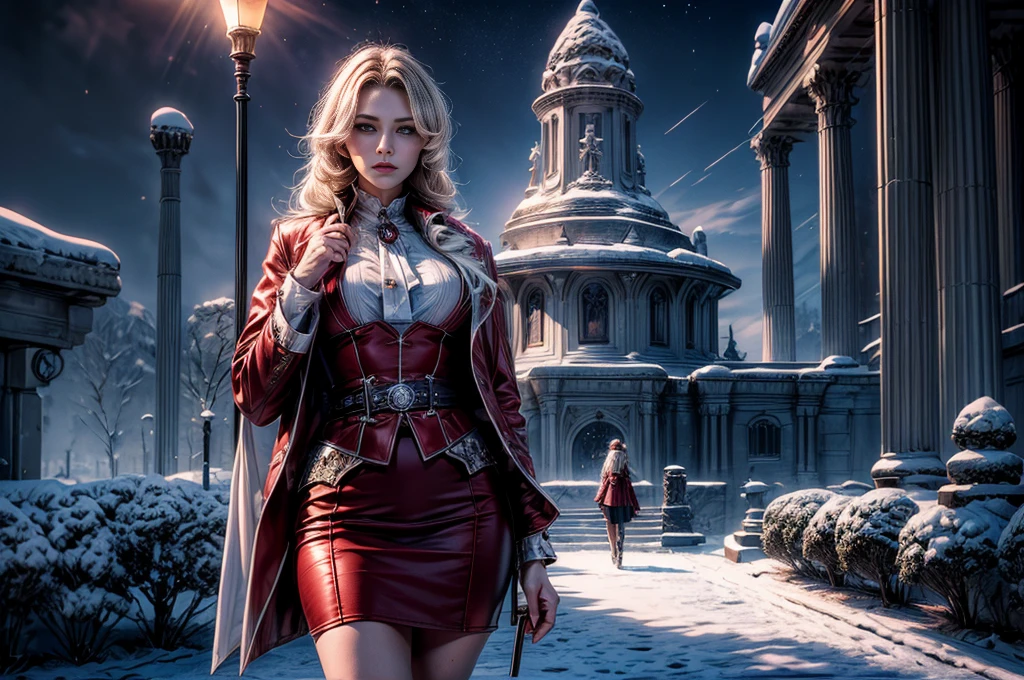 masterpiece,best quality, masterpiece, high detail,detailed face,detailed eyes,rendered eyes,perfect eyes,hip lines,crisp image,detailed,amazing,8k,8k wallpaper,8k background,high detailed skin,high res, (((cowboy shot))), solo, 1girl,looking at viewer,WillowSchnee, . Her attire consists of a white cravat secured by a silver brooch set with a red stone, as well as a light purple jacket with light sleeves, a wide belt around her waist, a matching pencil skirt with black tights and slippers. serious expression, outside stately mansion, snow, ice sculpture at center of hedge maze, holding wine glass, night, stars, servants and security detail standing by, (volumetric lighting), sharp focus, hyper detailed 