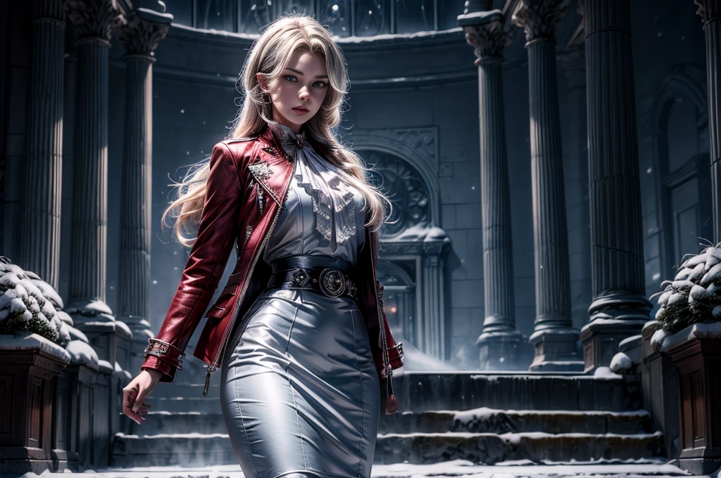 masterpiece,best quality, masterpiece, high detail,detailed face,detailed eyes,rendered eyes,perfect eyes,hip lines,crisp image,detailed,amazing,8k,8k wallpaper,8k background,high detailed skin,high res, (((cowboy shot))), solo, 1girl,looking at viewer,WillowSchnee, . Her attire consists of a white cravat secured by a silver brooch set with a red stone, as well as a light purple jacket with light sleeves, a wide belt around her waist, a matching pencil skirt with black tights and slippers. serious expression, outside stately mansion, snow, ice sculpture at center of hedge maze, holding wine glass, night, stars, servants and security detail standing by, (volumetric lighting), sharp focus, hyper detailed