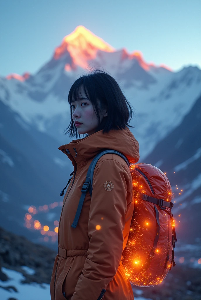 Beautiful Korean girl surrounded glowing lightand hiking in the mount everest, digital and particle elements in the background, cool style, futuristic atmosphere, warm tones, on the city lights, Short hair with bangs hanging down, high resolution photography, ratio parameterar 16:9, shot in camera canon
