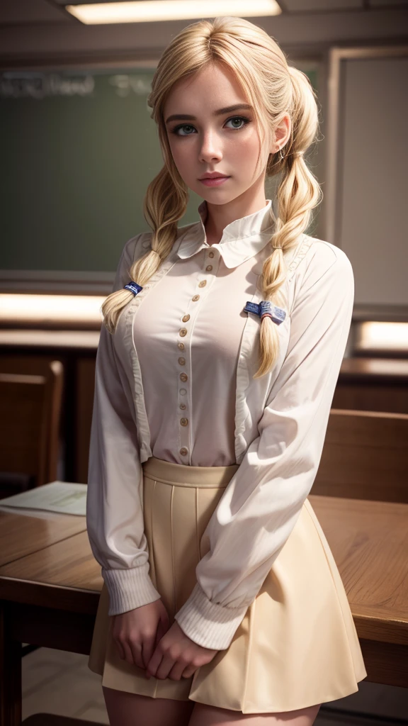 masterpiece, high quality, High resolution, 8k, volumetric lighting, subsurface dispersion, beautiful woman, (25 years), blond hair, University student, uniform, long sleeve, ((neckline)), Skirt, curly pigtails, classroom, pose sexy, 3/4 shots, cowboy shot