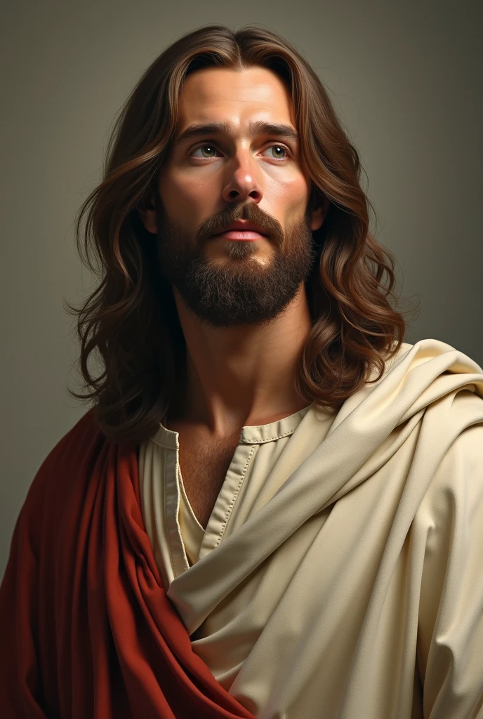 Create an ultra-realistic image of Jesus Christ from the waist up, focusing on a frontal view of the bust. Jesus should be depicted with traditional features, including long, flowing hair and a beard. His expression should convey a sense of peace and compassion. He should be wearing a simple, yet elegant robe with soft, natural folds and textures. The background should be neutral or subtly thematic to enhance the figure, with soft, divine lighting to highlight the details and textures of his appearance. Ensure that Jesus’ serene and compassionate expression, along with his dignified presence, are clearly captured from the frontal perspective.