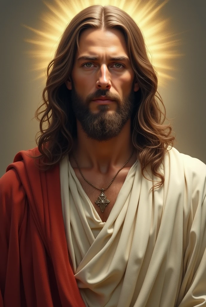 Create an ultra-realistic image of Jesus Christ from the waist up, focusing on a frontal view of the bust. Jesus should be depicted with traditional features, including long, flowing hair and a beard. His expression should convey a sense of peace and compassion. He should be wearing a simple, yet elegant robe with soft, natural folds and textures. The background should be neutral or subtly thematic to enhance the figure, with soft, divine lighting to highlight the details and textures of his appearance. Ensure that Jesus’ serene and compassionate expression, along with his dignified presence, are clearly captured from the frontal perspective.