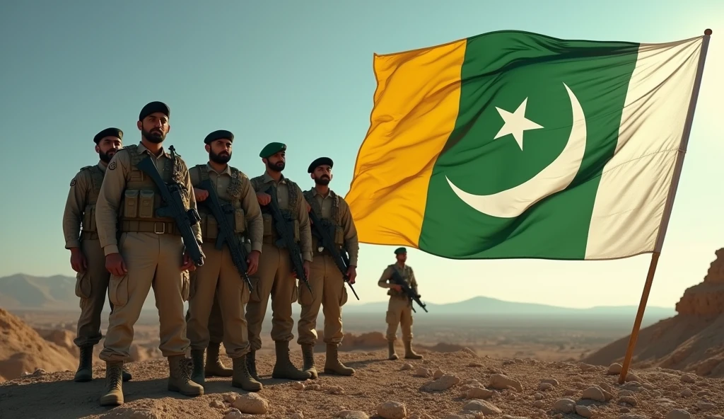 Create a photo that has flag with pakistan army,wrangers , soldiers in it and , The flag should have two vertical color blocks with green on the left side and yellow on the right side 75% yellow left side , 25% green right side color used on flag , 4k ultra hd qulaity