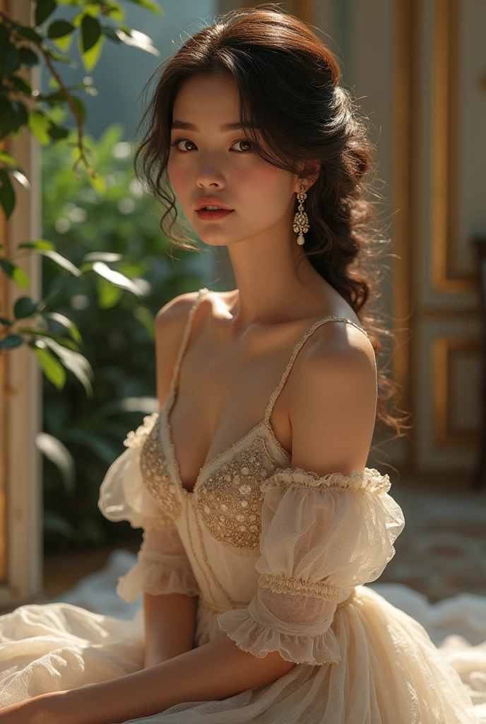 15 year old girl wearing jewelry and fancy clothes sitting on a sofa in a mansion 
