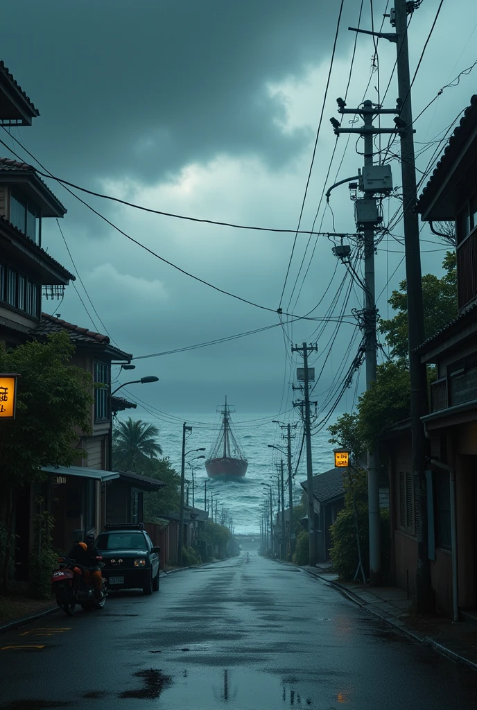 Thick clouds cover the sky, it's dark even during the day, and the air feels heavy with humidity. The wind gradually picks up, the leaves on the trees sway, and from time to time you can hear the sound of tree branches breaking due to gusts of wind. Streets are deserted, store shutters down and windows covered with protective tape. On roads with few cars, you can sometimes see cars riding cautiously in the strong wind.
In the distance, the sea is raging, and large waves are crashing against the shore, creating white spray. In the harbor, the ship is securely roped and rocking in the waves. It hasn't started raining yet, but you can smell the rain in the air, along with the damp air.
Inside the houses, people prepare for the typhoon by carefully adjusting the windows and closing the shutters, and are quietly waiting for the typhoon to arrive. Occasionally, the news reports the path of a typhoon, and people pay close attention to that information.
Anxiety and tension spread throughout the city, and the calm before the storm foreshadowed the fierce wind and rain that was to come.