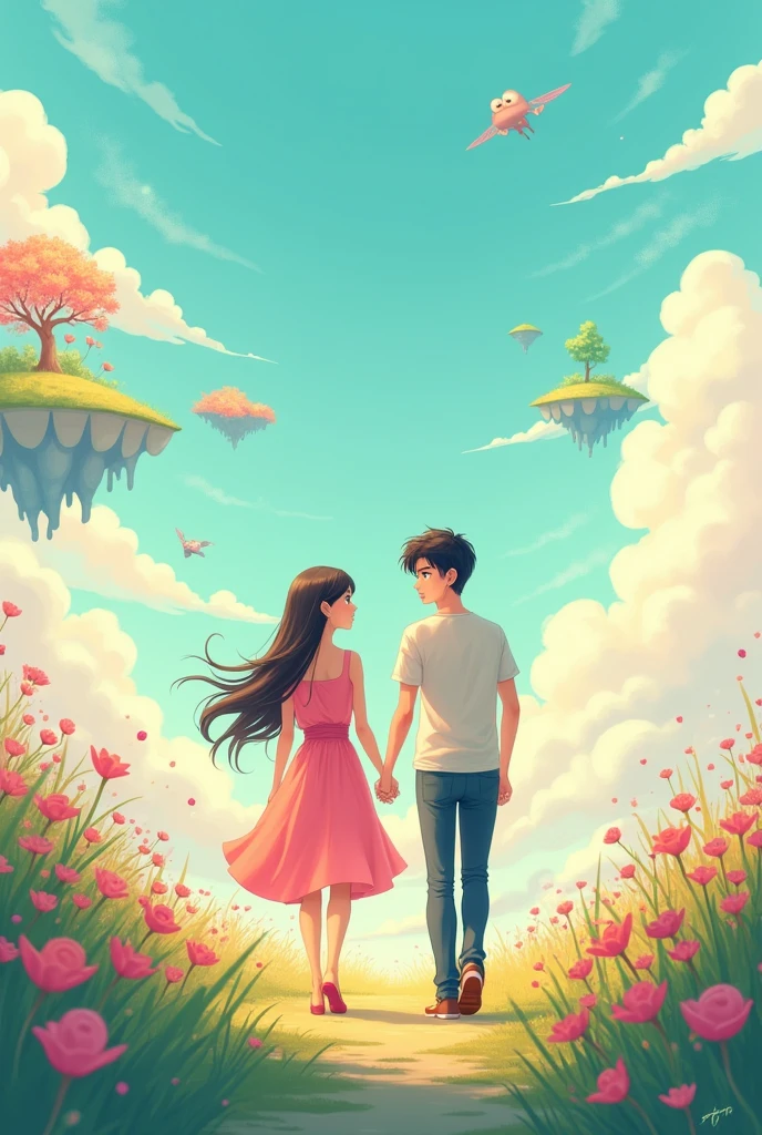 A couple together walk a view like a anime world