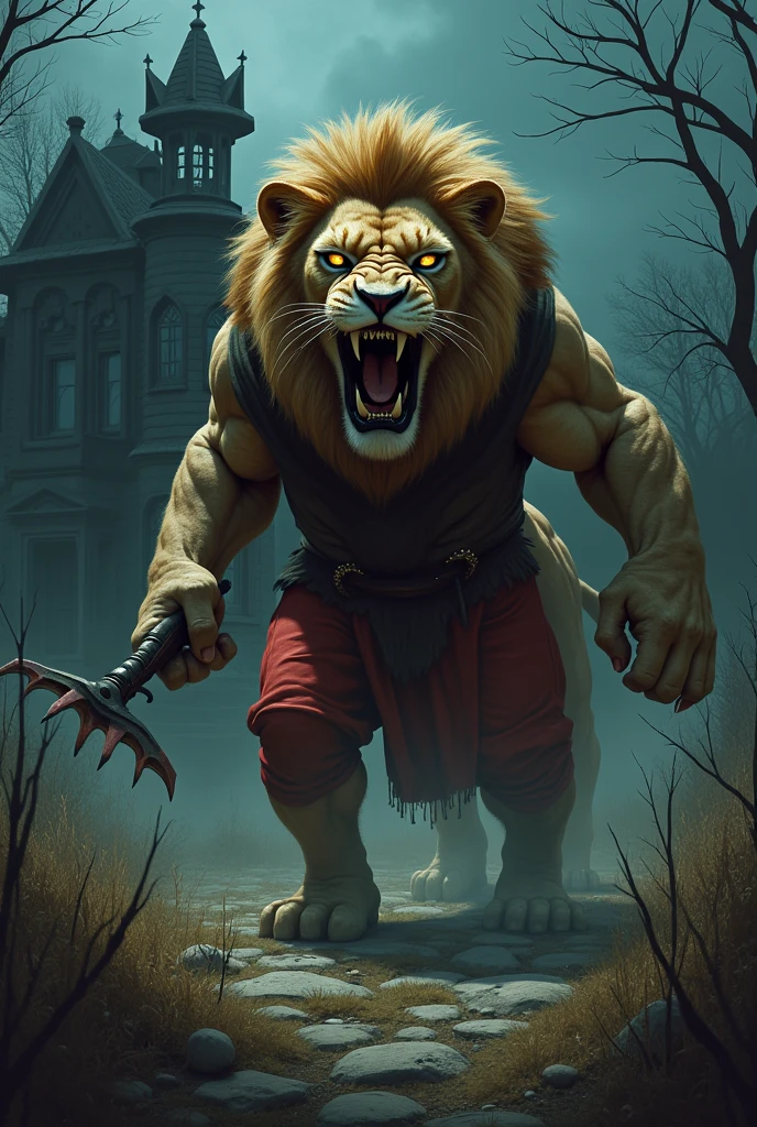 Horror lion at dark house in red pant with danger weapon