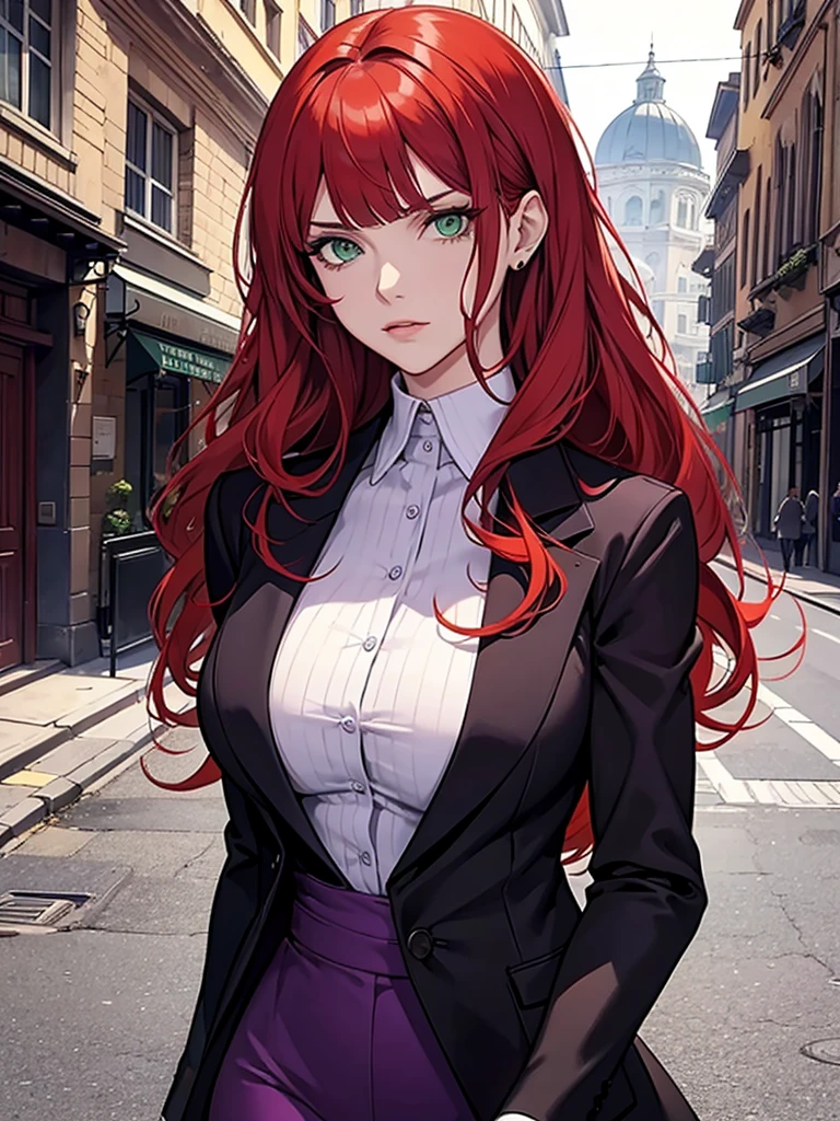 green eyes, red hair with long bangs, noble, mafia. sadistic women, wavy long hair. strong woman. background in town. spy. purple outfit. she quiet
