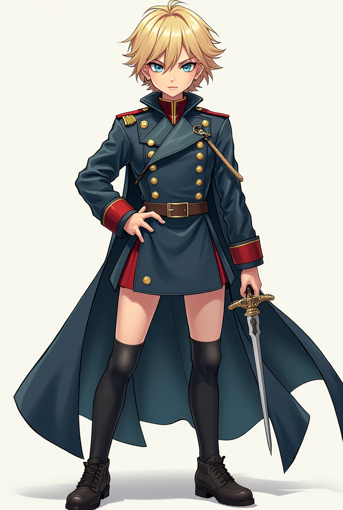 1girl, solo, male uniform, short hair, weapon, sword, blue eyes, looking at viewer, uniform, blonde hair, hand on hip, crossdress, tomboy, elf, tsundere, small breasts