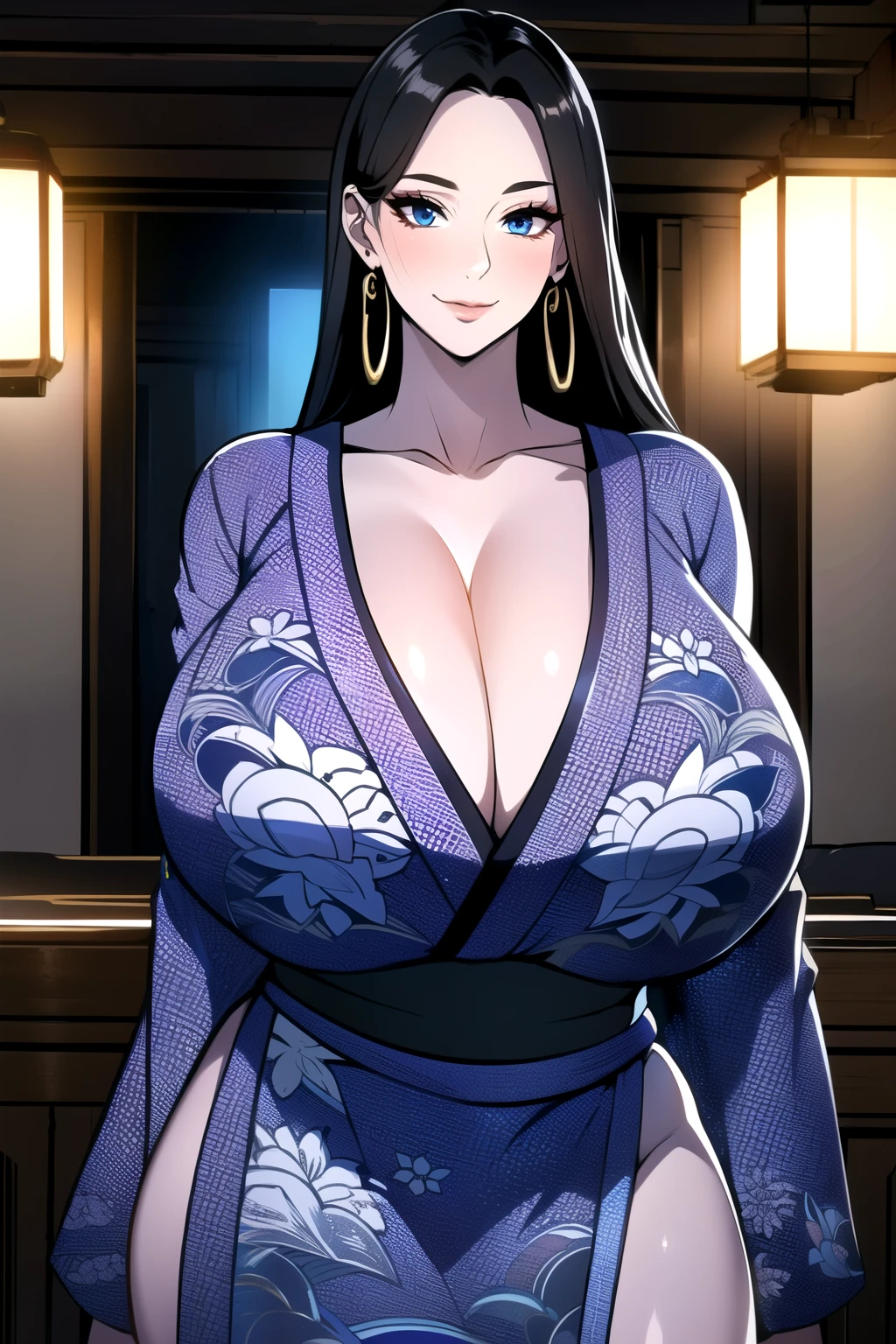 ultra realistic 8k cg, masterpiece, ((ultra detailed background,  intricate detail, highly detailed, fine details best quality, hyperdetailed face)), gigantic breasts ,beautiful lighting, absurdres, BoaHancockV2,  1girl, solo, (black hair), long hair, jewelry, closed mouth, ), cleavage, (short kimono : 1.1), (cleavage),, curvy, midriff, curvy, thighs, shiny clothes), blue eyes, complex detailed background, indoor, palace), ((cowboy shot)), curvy, (gigantic breasts: 1.1), seductive smile, cowboy shot, earrings, jewelry