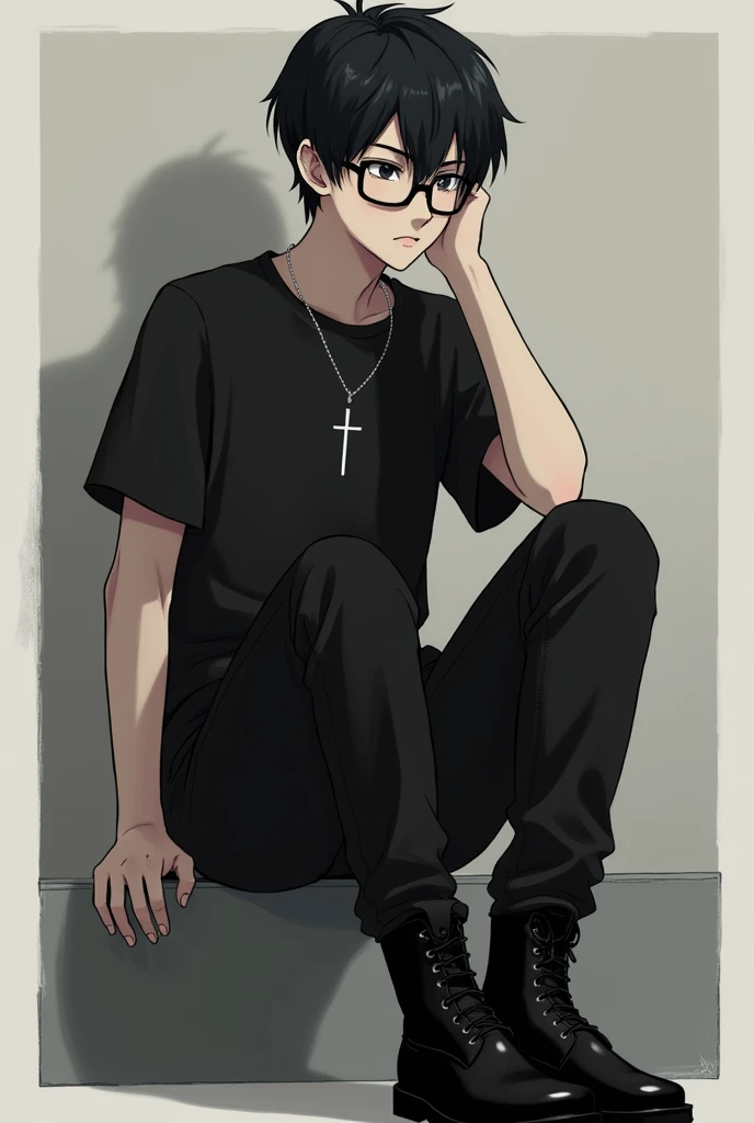 1 male, rectangle glasses, short black hair, black band shirt, black jeans, black boots, cross necklace,