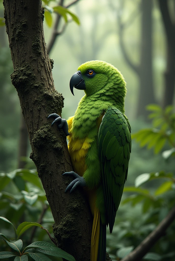 Gambar Kakapo sedang memanjat pohon, with a forest backdrop in New Zealand.