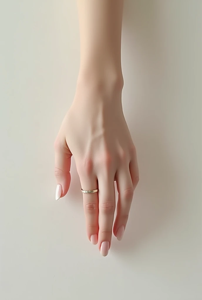 generate image of a female hand with a simple thin wedding ring facing down