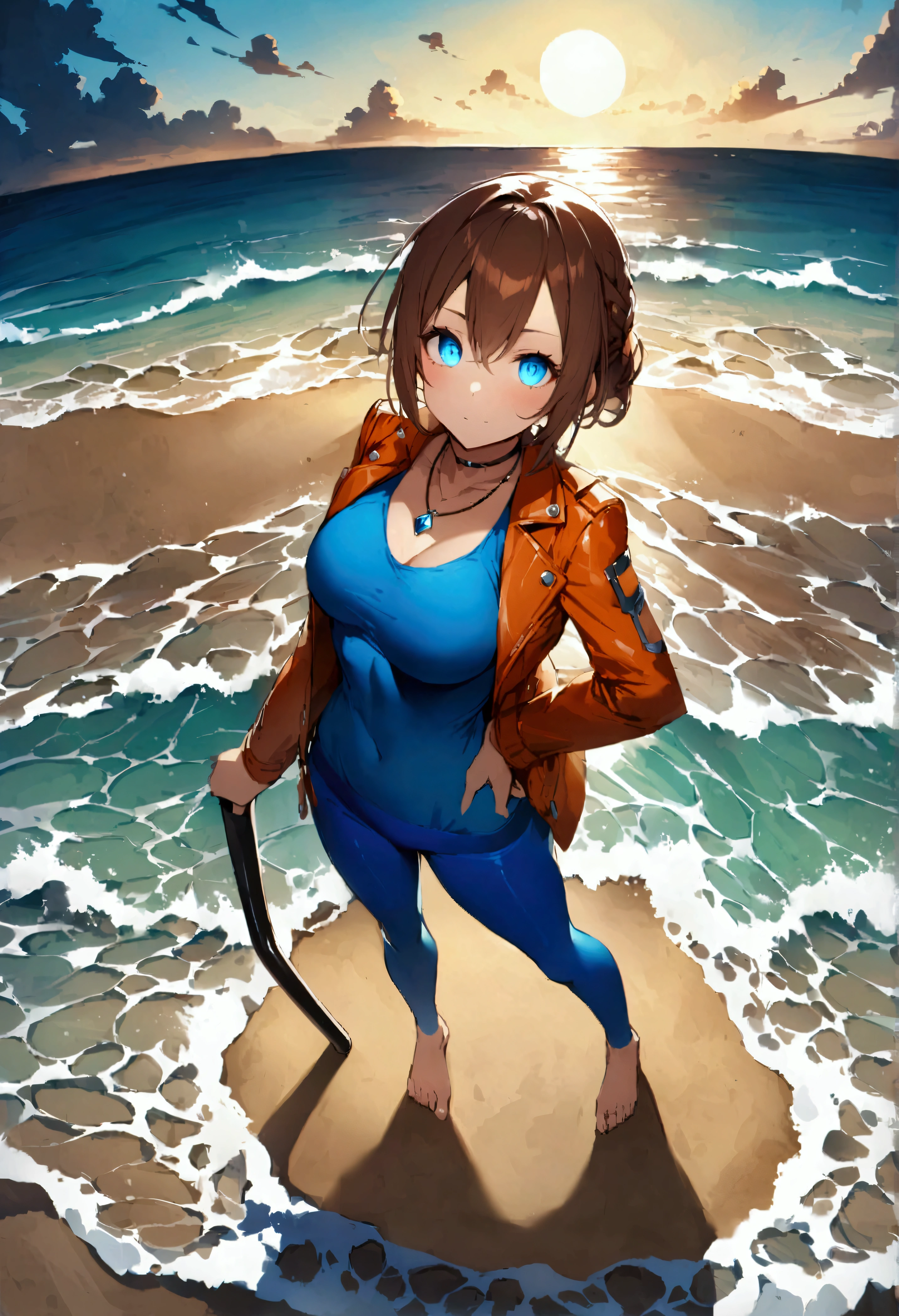 score_9、score_8_up、score_7_up、score_6_up、score_5_up、score_4_up、、Kaname Kugatachi、Brown Hair、blue eyes、scar、necklace、chest、Abdominal muscles、Orange leather jacket、Blue sleeveless shirt、Tight shirt、Blue leggings、Cane、1 person、Are standing、One person、Watching the viewer、masterpiece、High resolution、Highly detailed face、Highly detailed glowing eyes、Symmetrical and highly detailed eyes、whole body、foot、Beach、sand、Ocean
