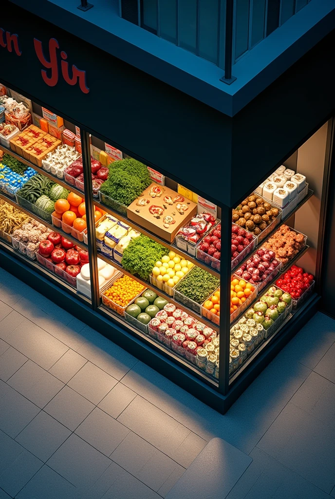 Supermarket display window observed from above by a drone