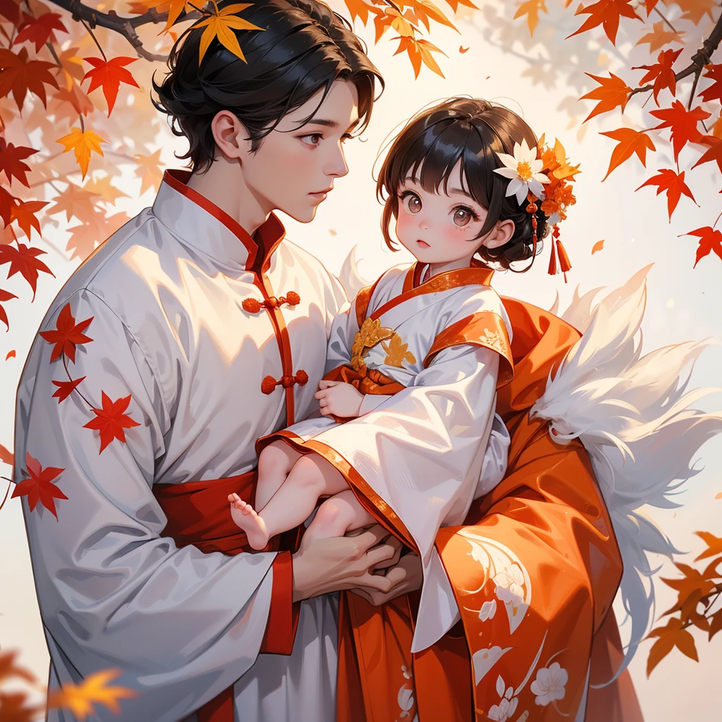 A one-year-old baby boy in white ancient Chinese baby costume with his beautiful mother, dressed in an ancient Chinese costume, The backdrop is a mountain that turns orange-red in spring, and maple leaves fall from the trees, playing with each other, with his handsome father standing next to his mother, close up