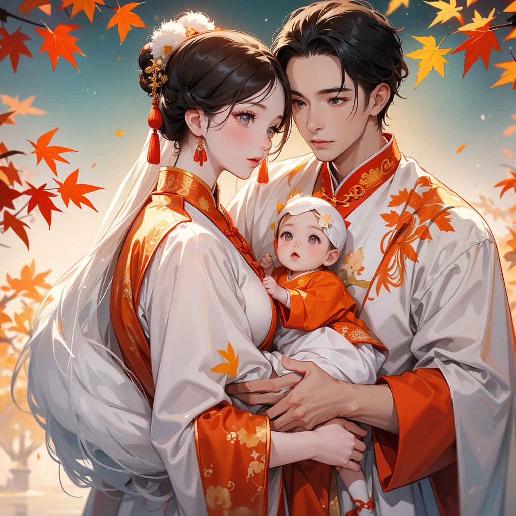 A -yead bab white ancient Chinese baby costume wiis beautiful mother, dressed in an ancient Chinese costume, The backdrop is a mountain that turns orange-red in spring, and maple leaves fall from the trees, playing with each other, with his handsome father standing next to his mother, close up